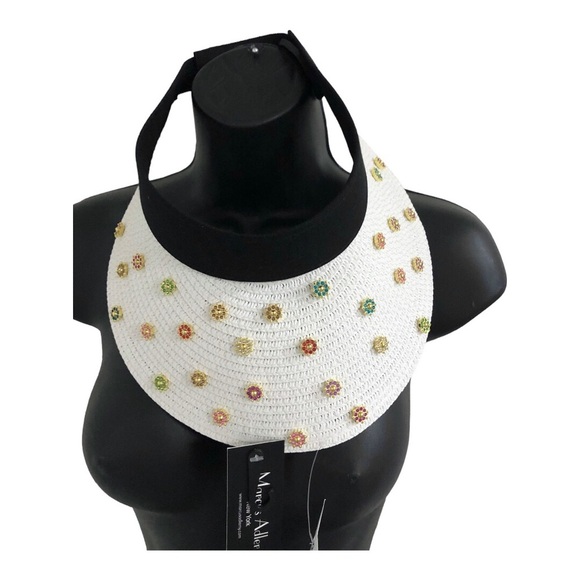 White black bejeweled faux precious‎ stones raffia straw sun visor hat new main image 10